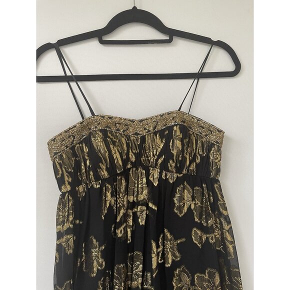 Cache Strapless Cocktail Dress Womens 4 Black Gold Floral Brocade Sequin Silk Pa - Picture 9 of 12